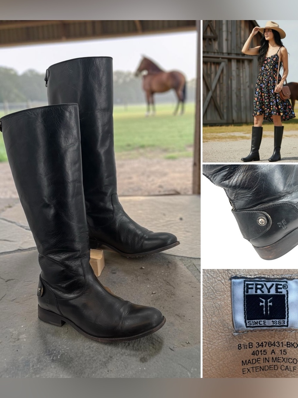 Frye Melissa Button Back Zip Leather Riding Boots Sz. 8.5 Extended Calf